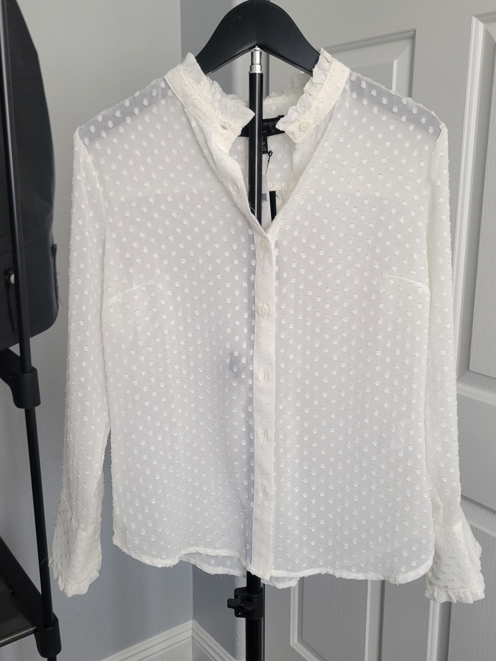 Banana Republic White Swiss Dot Ruffle Neck Blouse
